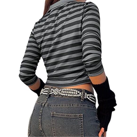 Grunge Fairy Shirt for Women Long Sleeve Crop Top Vintage Striped Print Y2K - Picture 3 of 10
